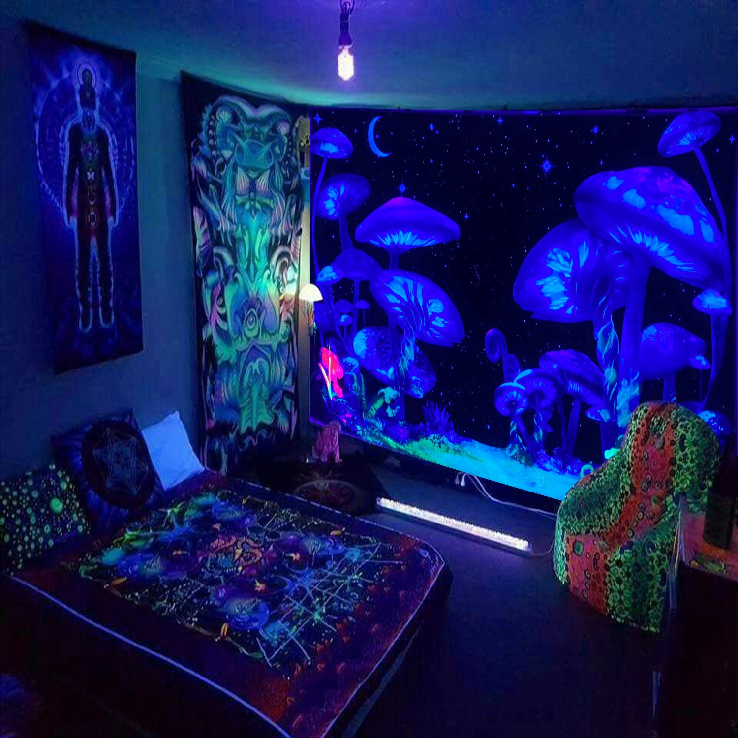 Mushroom Green Plants Fluorescent Tapestry Game Starry Sky Psychedelic