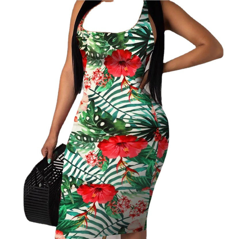 Fashion Ladies Women Summer Sleeveless Floral Boho Beach Casual Slim Fit Tight Dress