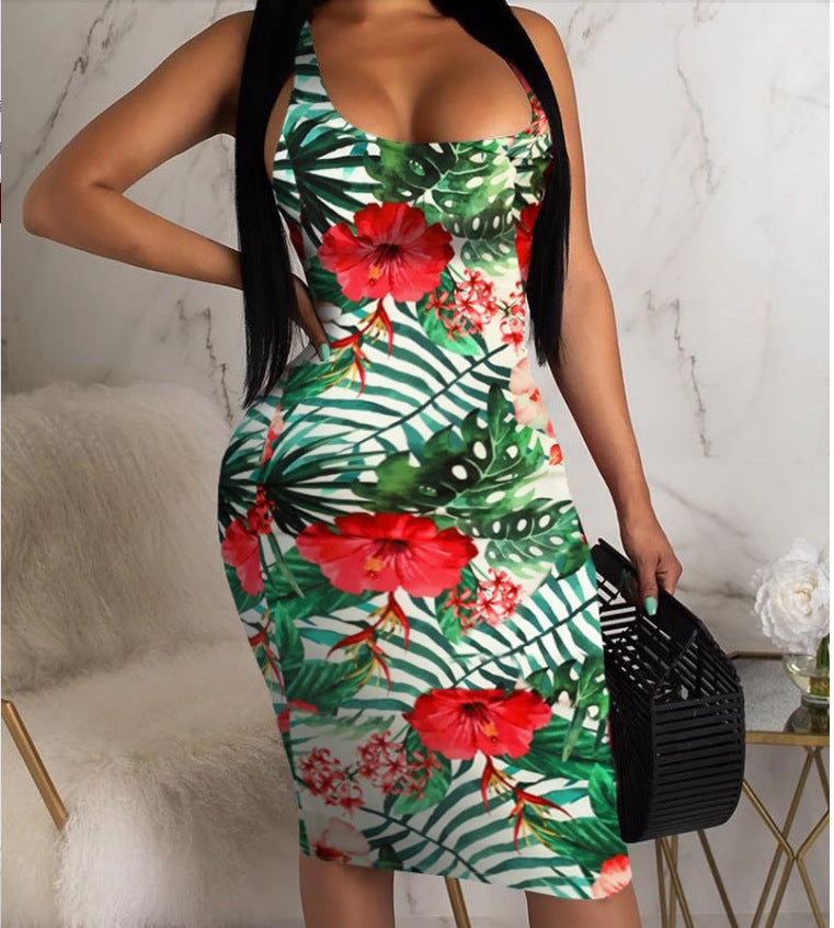 Fashion Ladies Women Summer Sleeveless Floral Boho Beach Casual Slim Fit Tight Dress