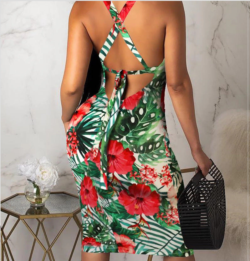 Fashion Ladies Women Summer Sleeveless Floral Boho Beach Casual Slim Fit Tight Dress