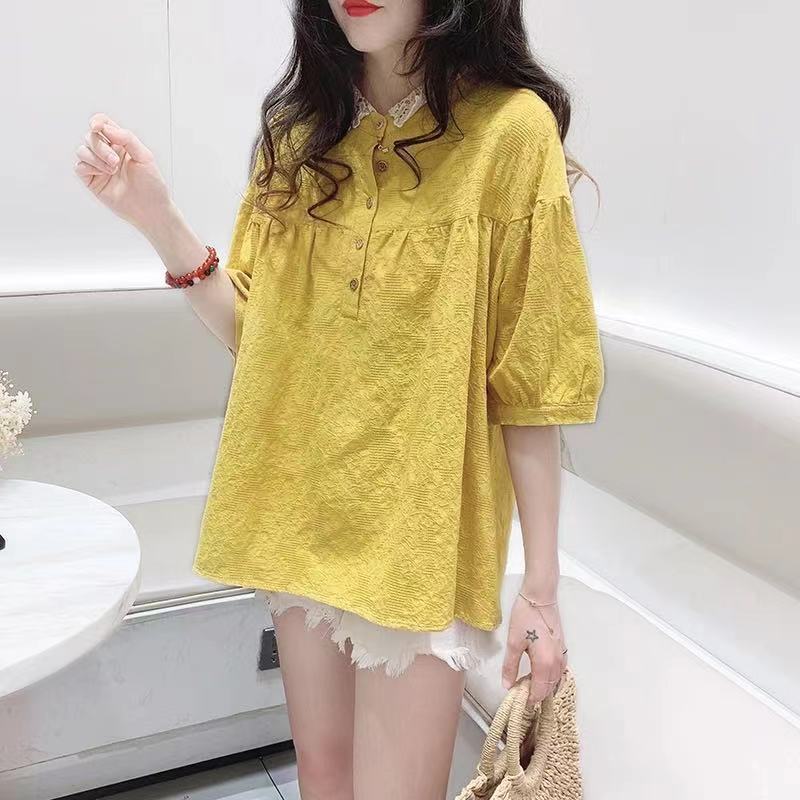 Lace Doll Collar Shirt Short Sleeve Women's Summer Cotton Linen