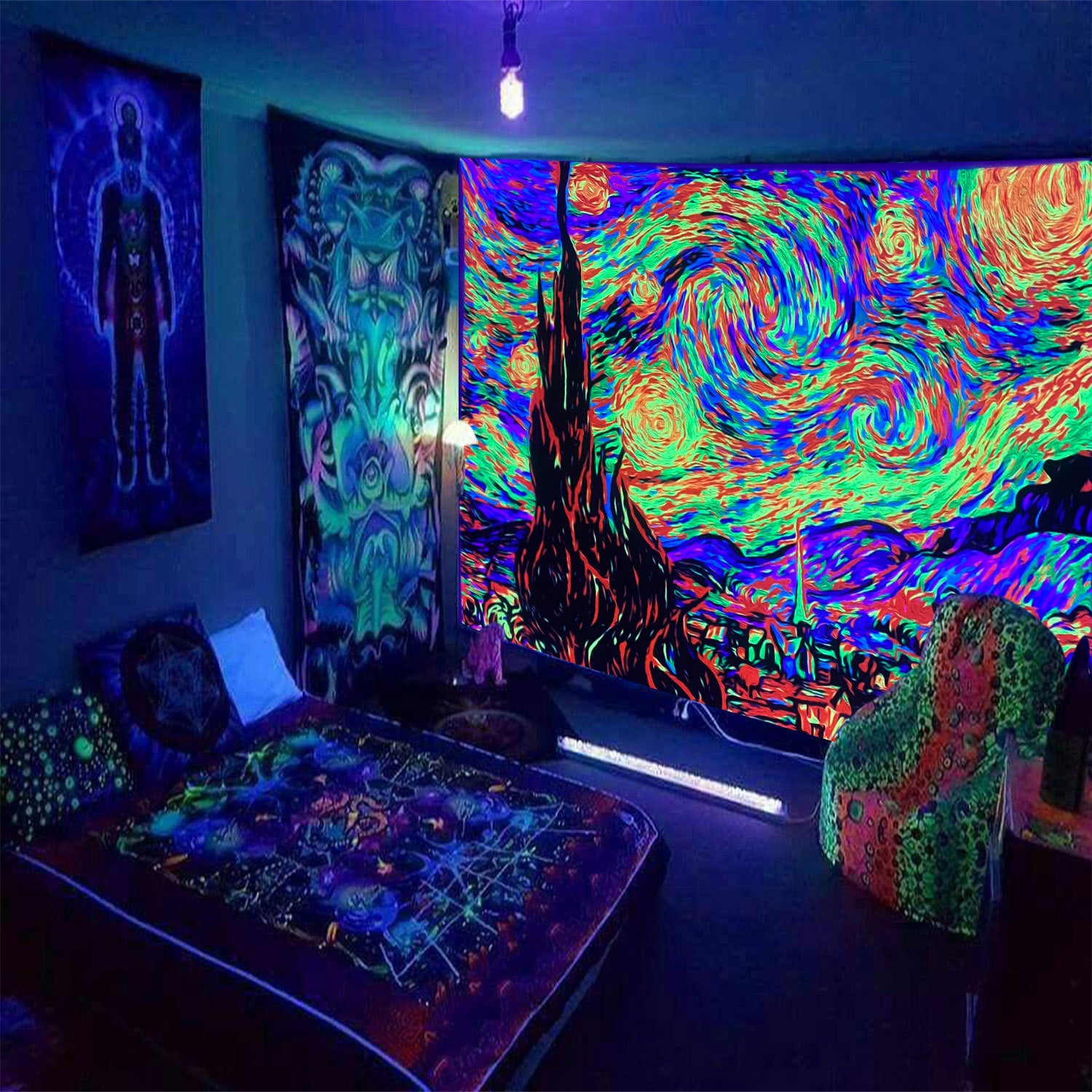 Mushroom Green Plants Fluorescent Tapestry Game Starry Sky Psychedelic