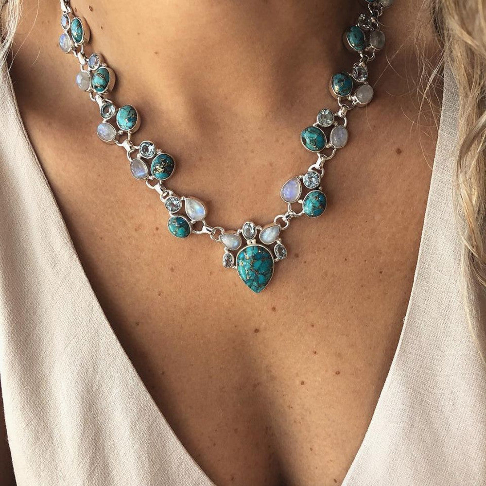 Turquoise fashion boho white green flower necklace