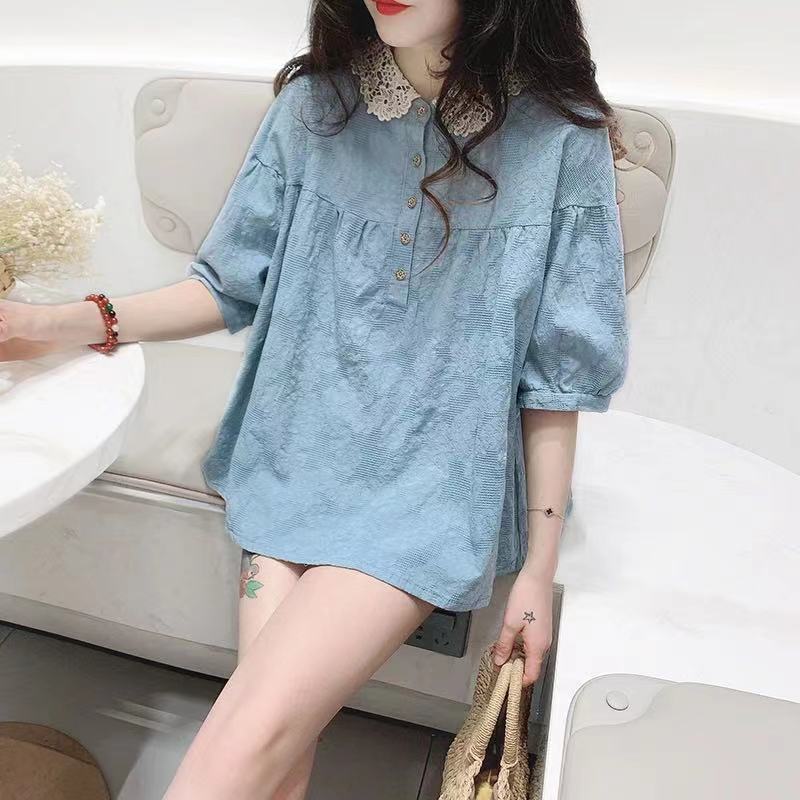 Lace Doll Collar Shirt Short Sleeve Women's Summer Cotton Linen