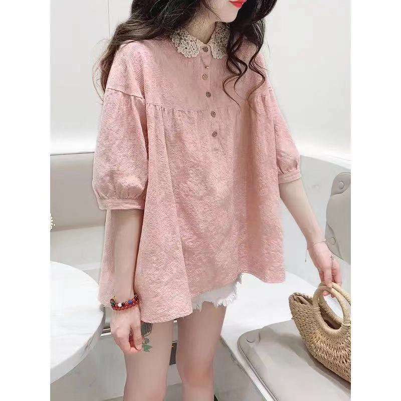 Lace Doll Collar Shirt Short Sleeve Women's Summer Cotton Linen