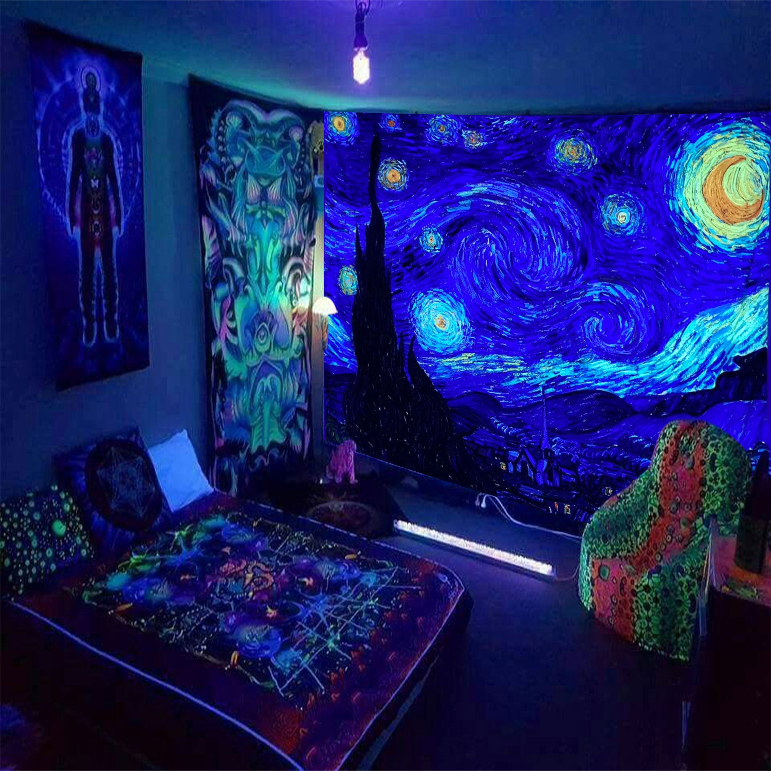 Mushroom Green Plants Fluorescent Tapestry Game Starry Sky Psychedelic