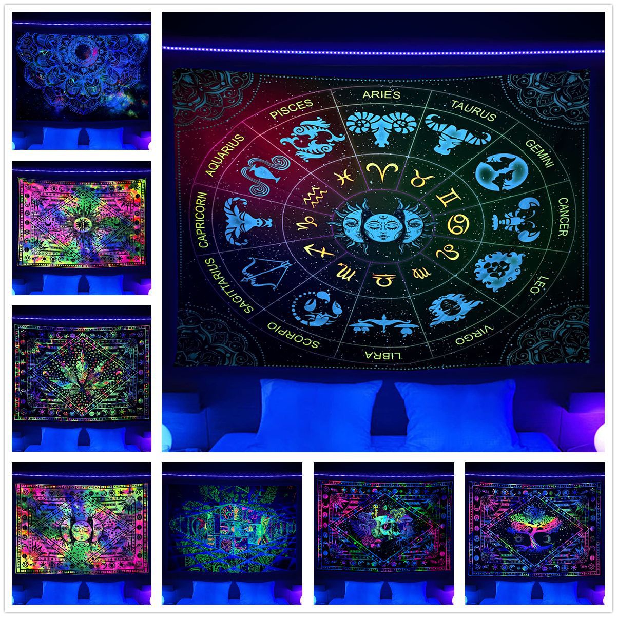 Fluorescent Abstract Neon Luminous Psychedelic Tapestry