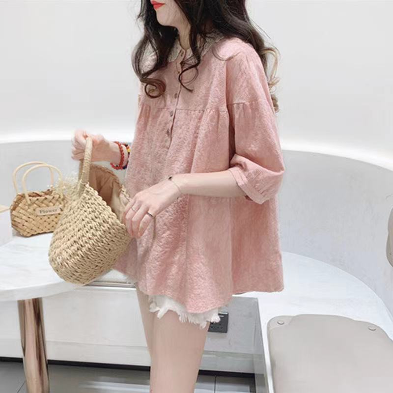 Lace Doll Collar Shirt Short Sleeve Women's Summer Cotton Linen