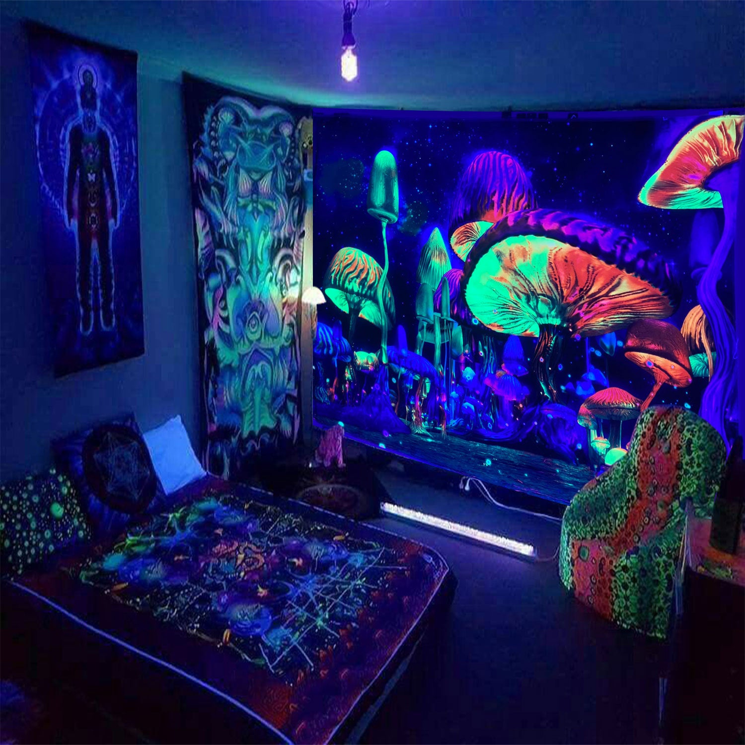 Mushroom Green Plants Fluorescent Tapestry Game Starry Sky Psychedelic