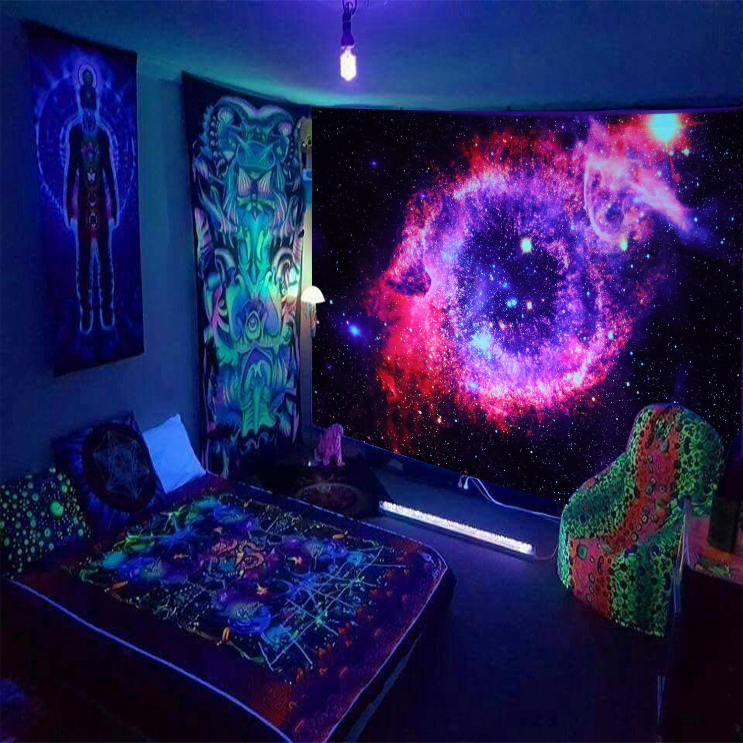 Mushroom Green Plants Fluorescent Tapestry Game Starry Sky Psychedelic