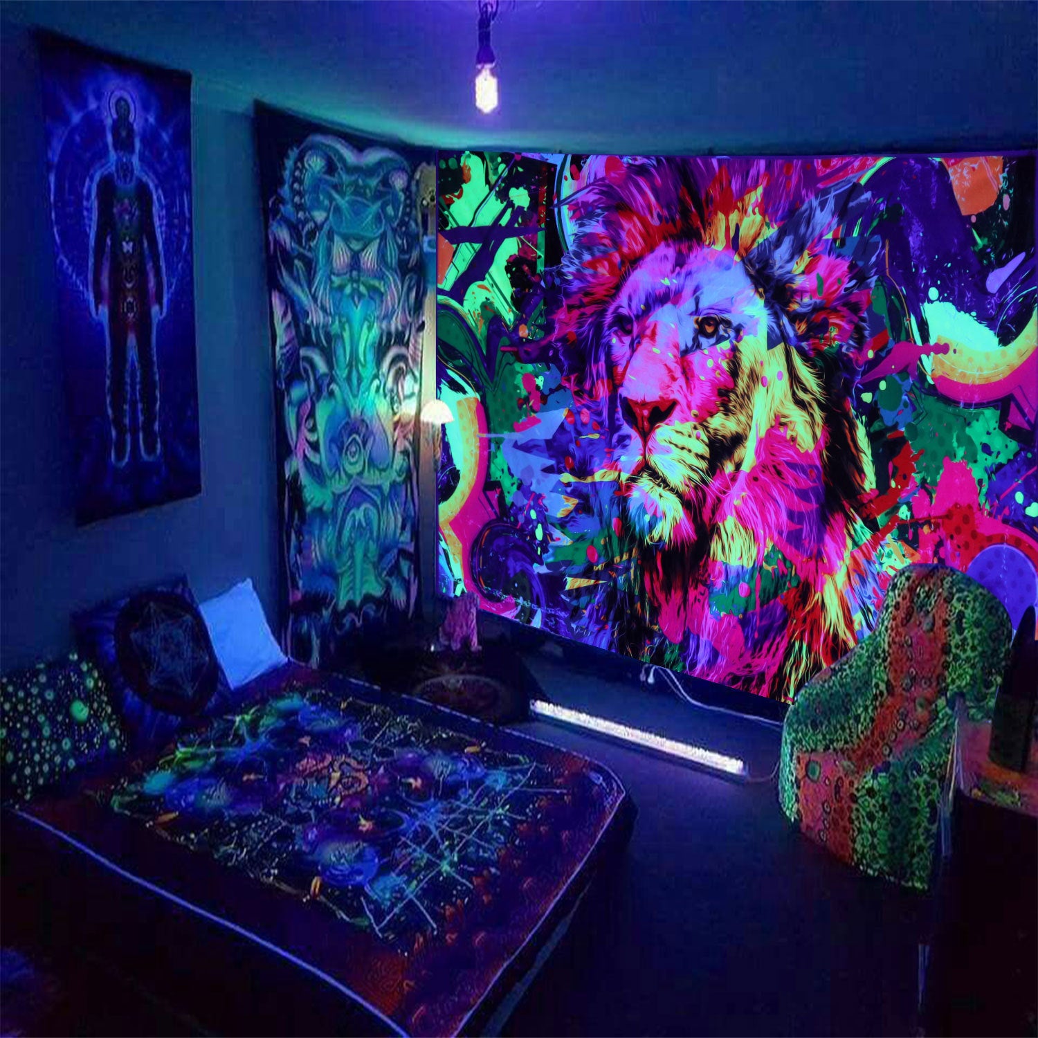 Mushroom Green Plants Fluorescent Tapestry Game Starry Sky Psychedelic